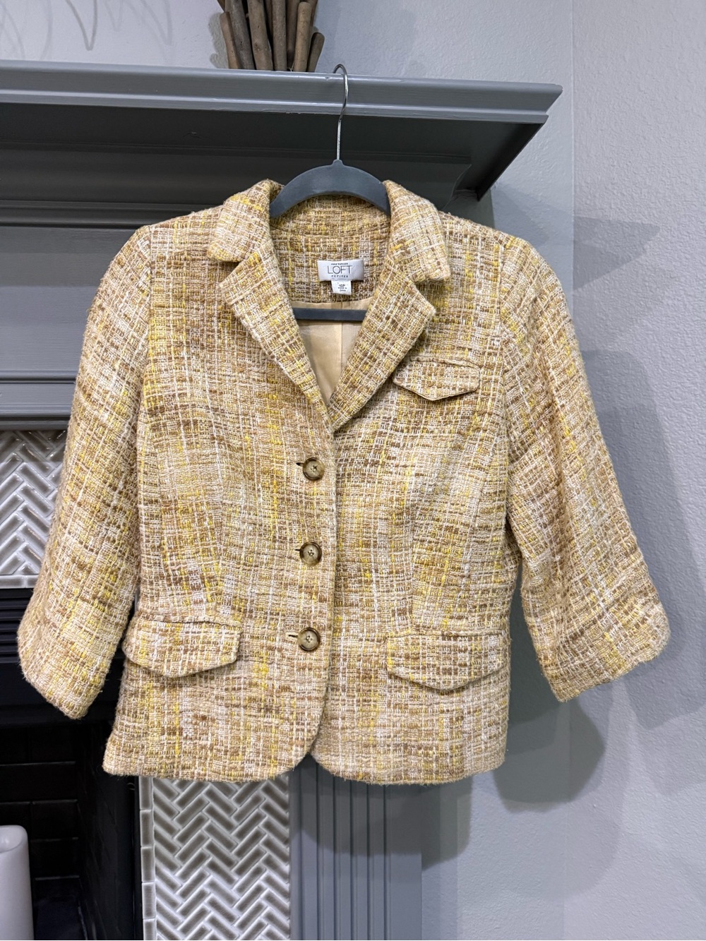 LOFT Yellow Tweed Boxy Blazer with Gold Accents